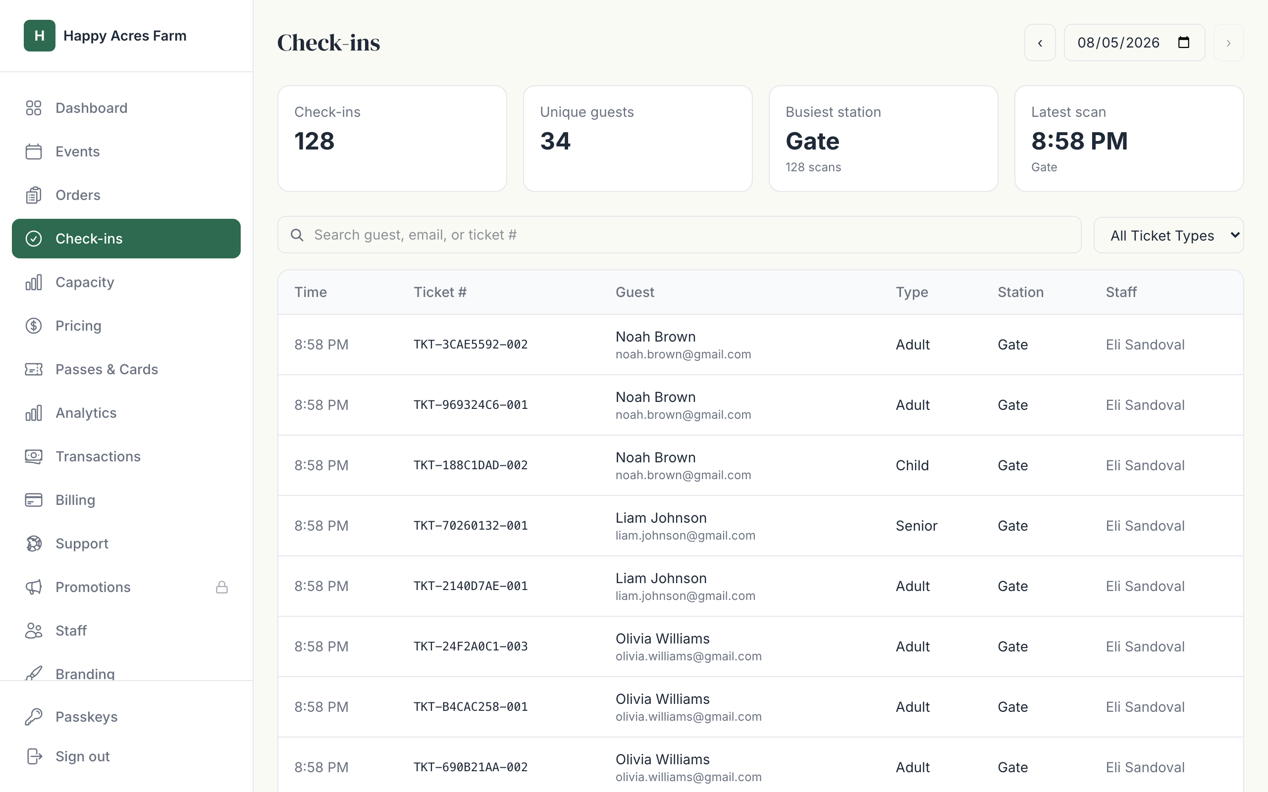 SiloPass admin check-ins screen: 128 check-ins, 34 unique guests, and a live feed of scanned tickets with guest names and ticket types