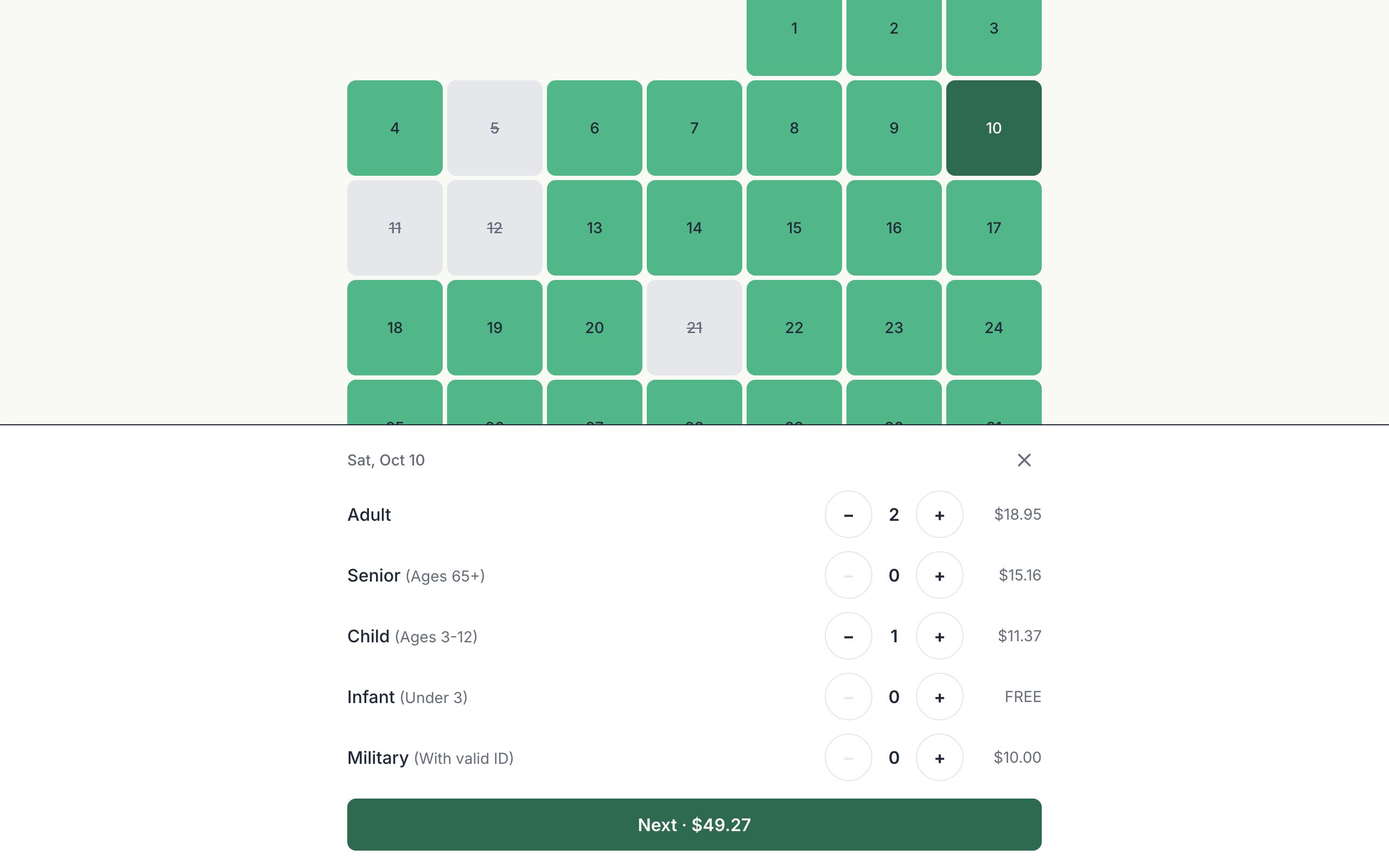 Farm booking page with an October availability calendar and a ticket selector: two adults and one child for Saturday October 10, totaling $49.27