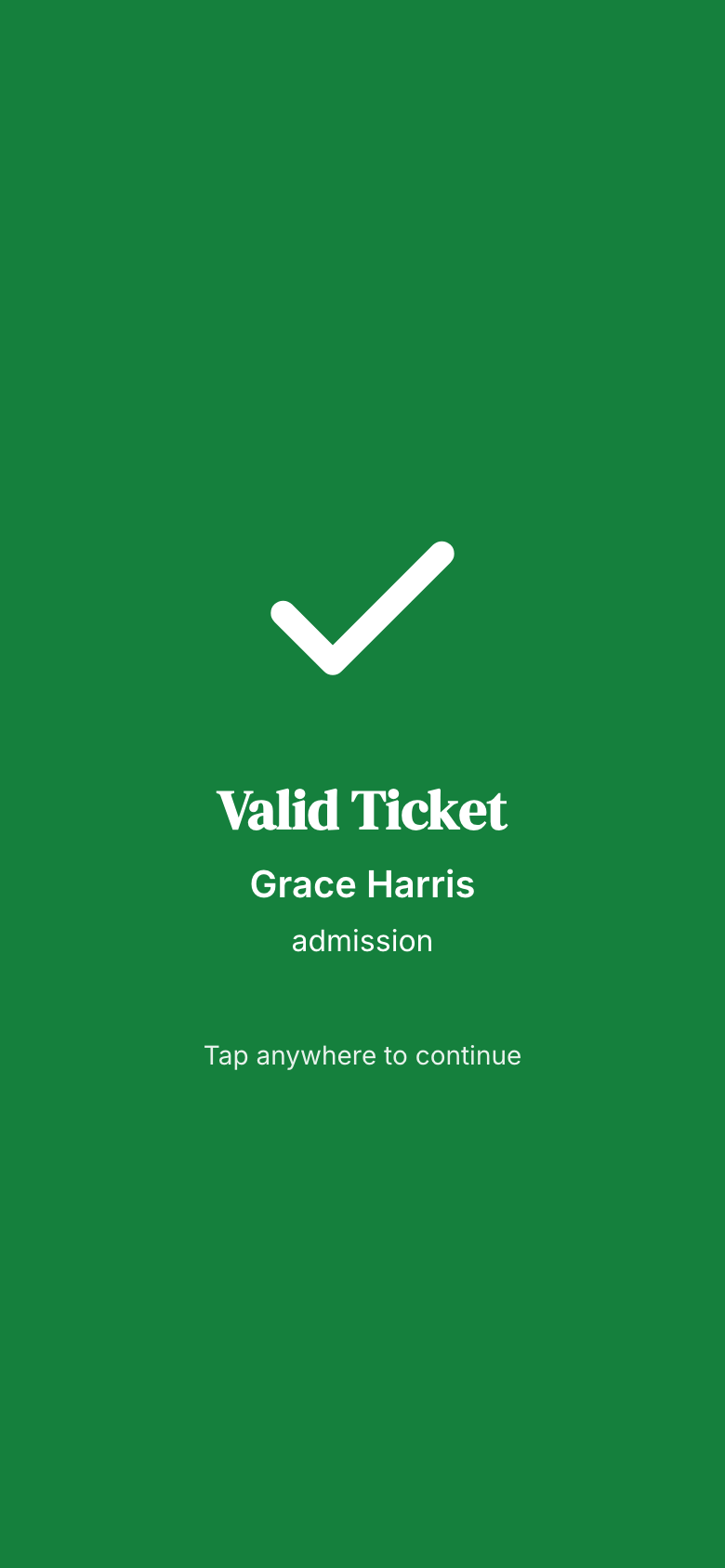 Gate scanner result screen showing a green Valid Ticket confirmation for a guest named Grace Harris