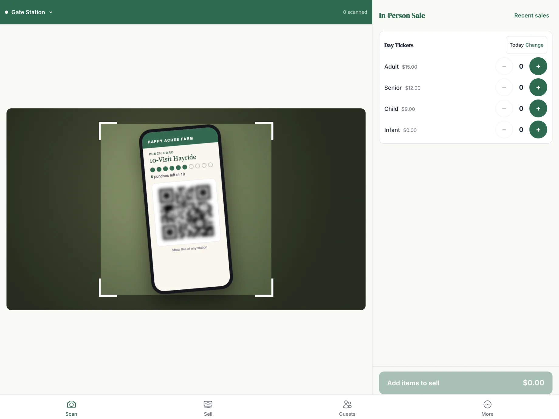 The SiloPass check-in app on a tablet: the gate scanner reading a guest's digital punch card on the left, and the in-person sale panel with adult, senior, child, and infant tickets on the right