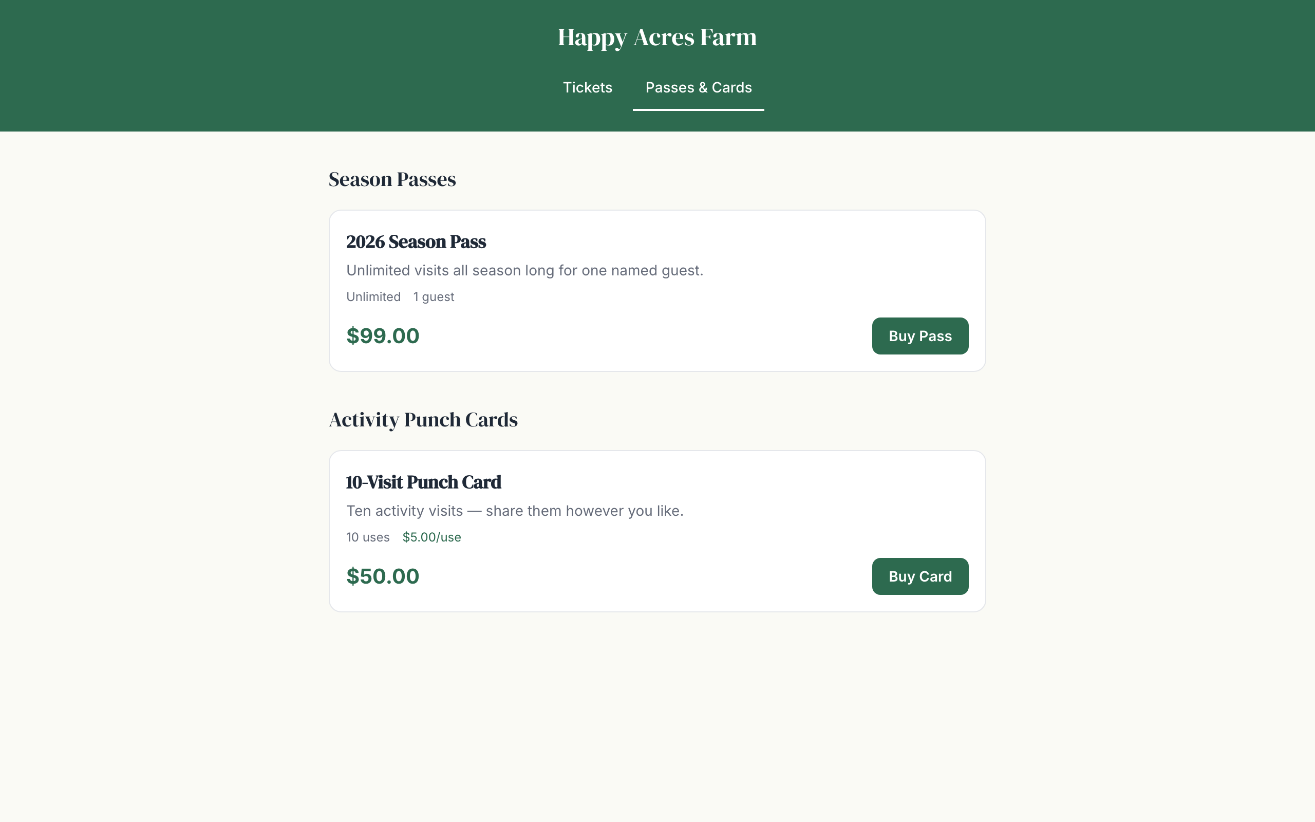 A farm's passes storefront selling a 2026 Season Pass for $99 and a 10-visit activity punch card for $50