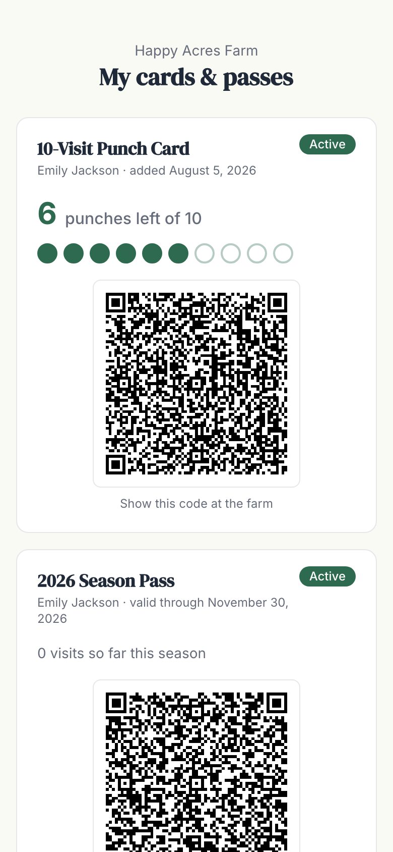 A guest's phone showing their 10-visit punch card with six visits remaining and a QR code to show at the farm