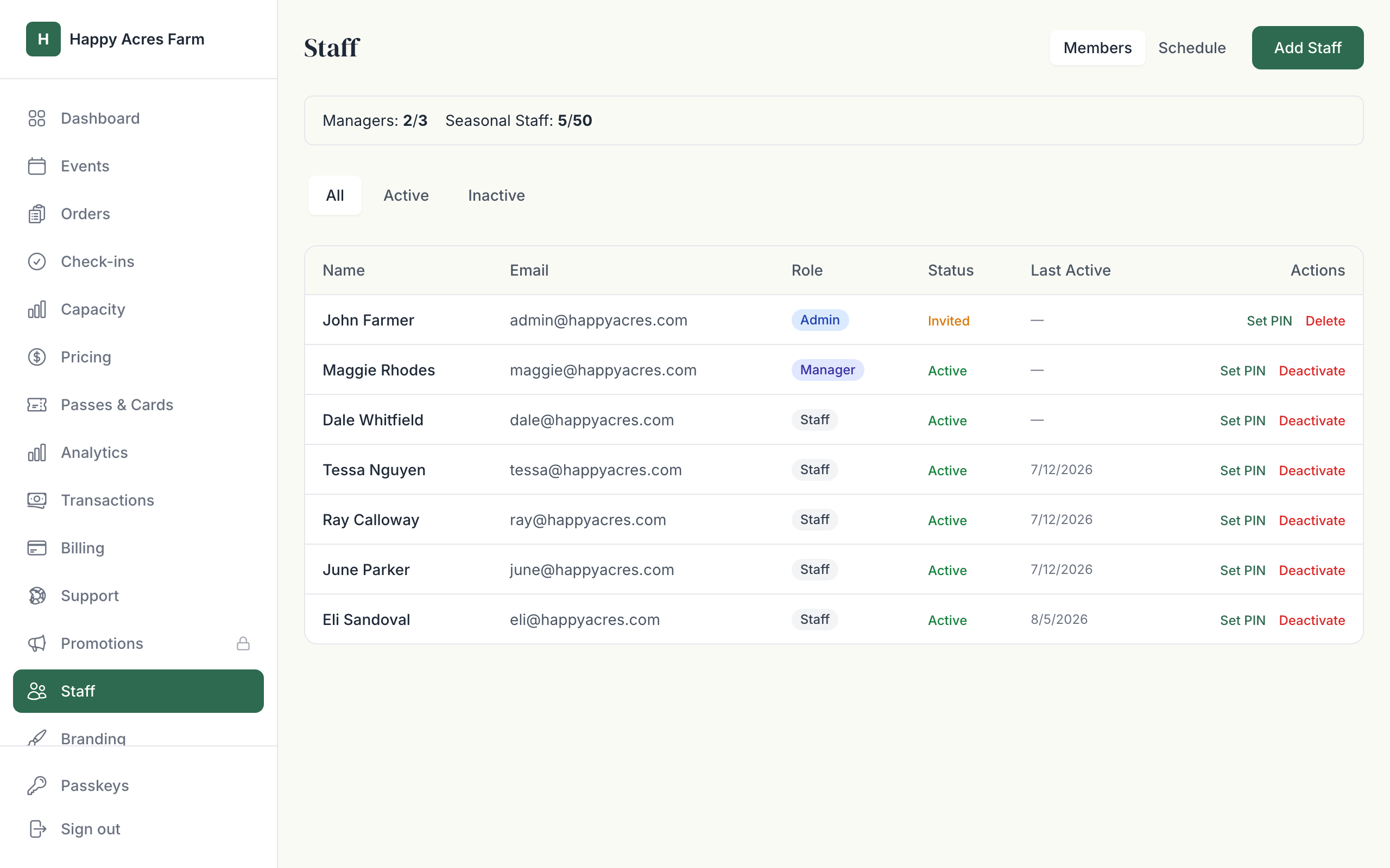 SiloPass staff page listing an admin, a manager, and six seasonal staff with roles, statuses, and PIN setup
