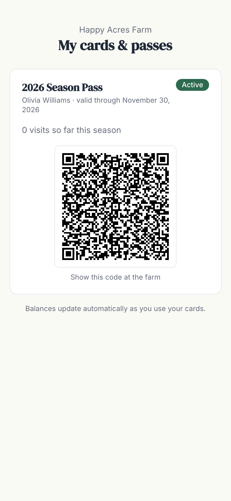 A guest's phone showing their 2026 Season Pass with a QR code to show at the farm